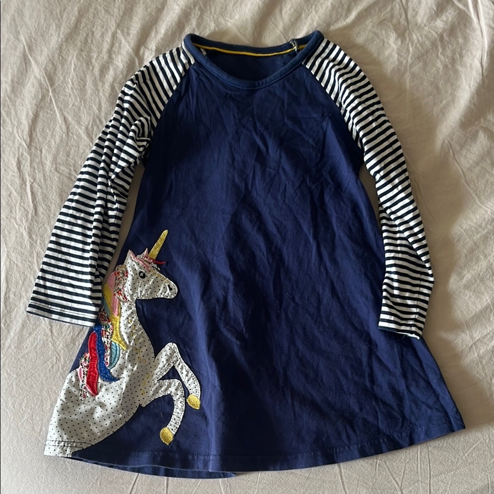 Navy Unicorn Dress with Striped Sleeves